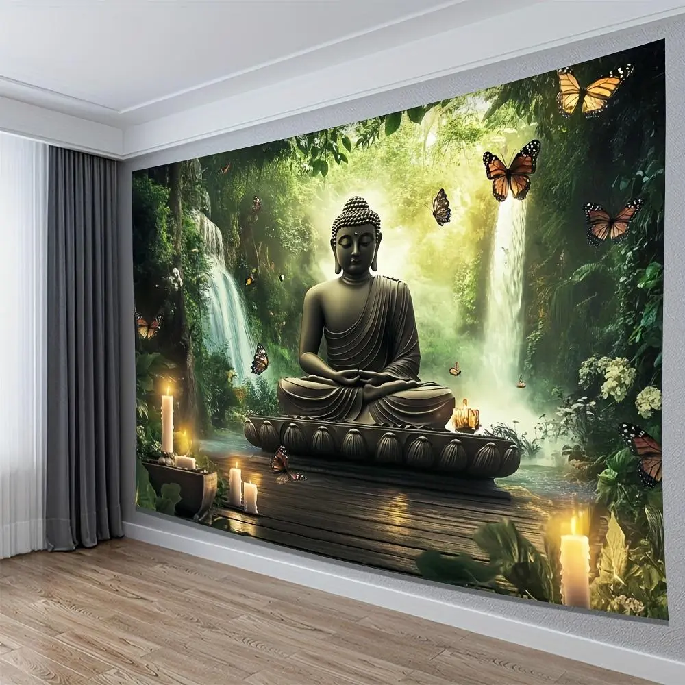 1PC Reusable Polyester Bohemian Buddha Tapestry Wall Mural - Boho Shabby Chic 2D Flat Forest-Waterfall-Butterflies Backdrop for Home Decor, Living Room Yoga Studio, Birthday Backdrops & Banners Supplies