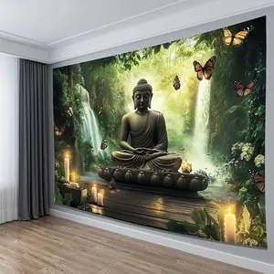 1PC,2D Flat Bohemian Buddha Tapestry, Forest Waterfall Butterflies Meditation Backdrop, Large Wall Hanging Decor for Living Room Bedroom, Aesthetic Home Decoration Tapestries, Yoga Studio Zen Decorati