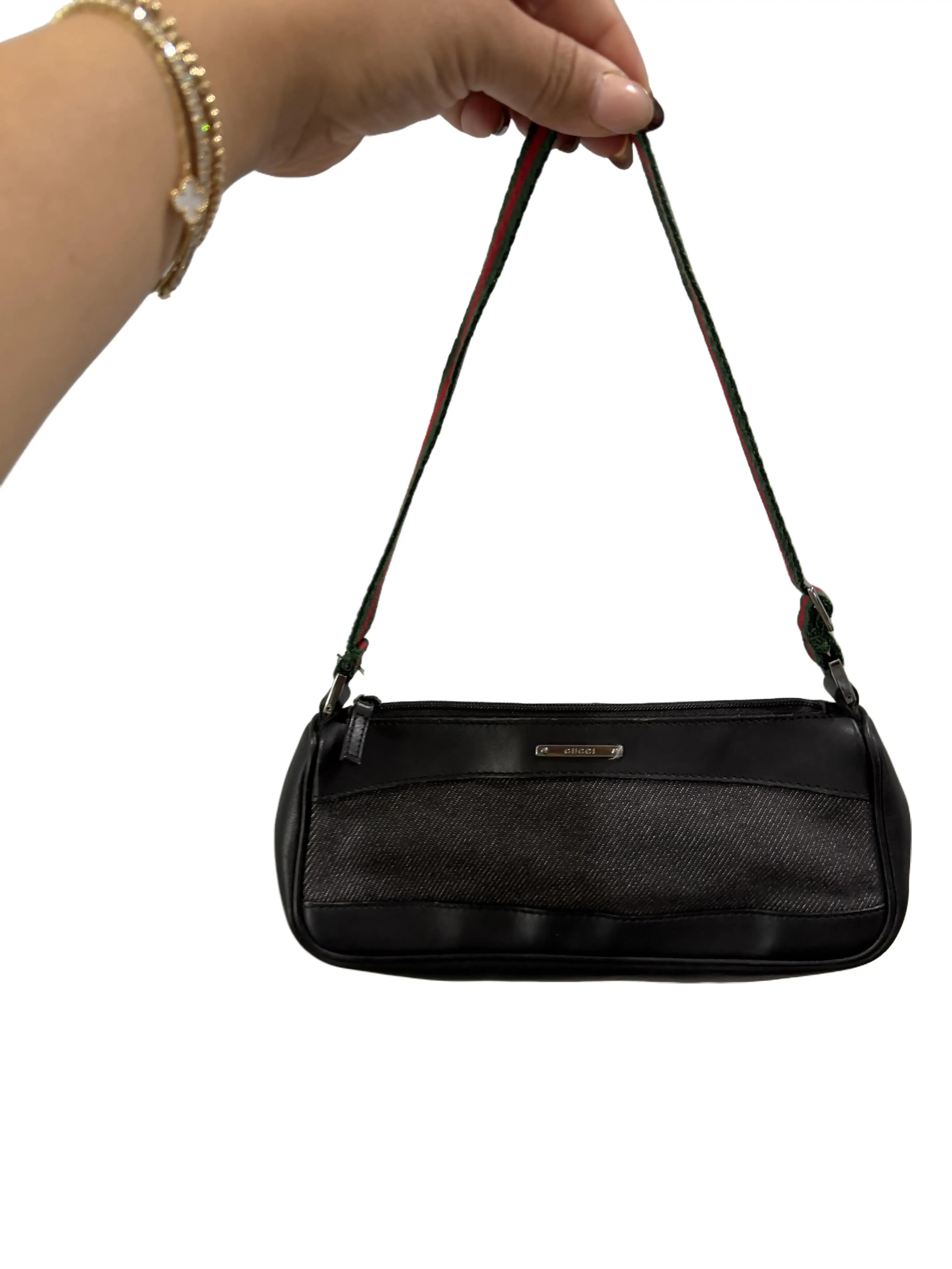 Pre-owned GUCCI Denim and Leather Mini Bags Denim and Black Leather Pochette with Sherry Line Strap Perfect for Daily Use