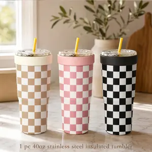 Retro Checkerboard Insulated Tumbler | 32oz Stainless Steel Portable Travel Cup with Classic Checkered Print, Vacuum Insulated Straw Mug Keeps Drinks Cold for Hours, Stylish Summer Iced Coffee & Milk Tea Companion for Office & Car Use