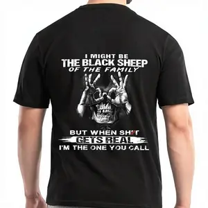 Men's "Black Sheep" Skull Graphic T-Shirt, Breathable Cotton Street Style Tee, Casual Short Sleeve Crewneck
