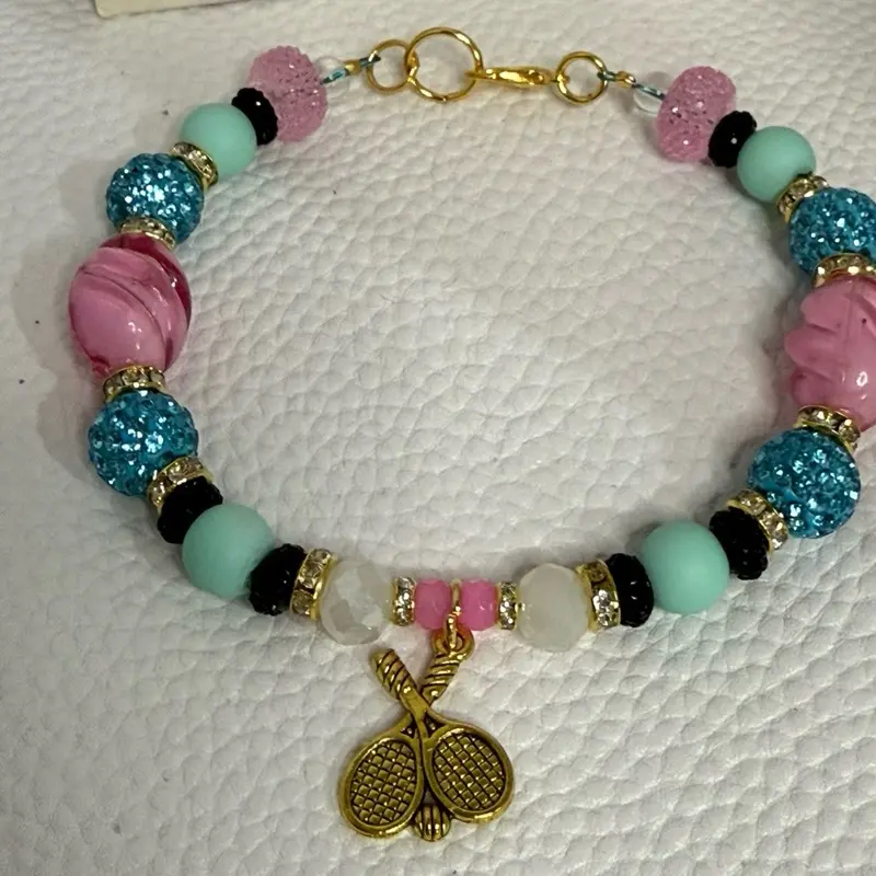 Tennis Theme Beaded Bracelet with Colorful Beads and Gold Tennis Racket Charm for Women
