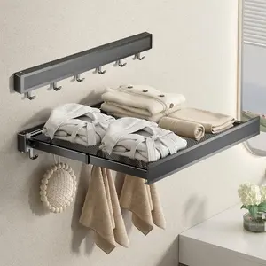 Expandable Retractable Bathroom Folding Storage Rack, Aluminum Balcony Sock Holder, Wall-Mounted Clothing Drying Net, Laundry Organizer