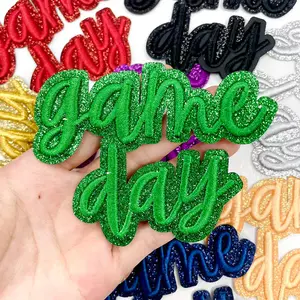 CY 8PCS Green 3D GAME DAY Iron On Patches Glitter Edge Embroidered Letter Applique for DIY Trucker Hats Clothes Jackets Jeans Backpacks