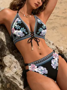 New Floral Print High-End Women's Bikini Set, Fashionable Sexy Tie Adjustable Front Drawstring Design, Beach Swimwear for Resort and Leisure