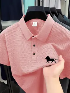 Men's Summer Business Casual Golf Short Sleeve Polo Shirt, Breathable Bubble Mesh Fabric, Lion Silhouette Print, Fitted Style