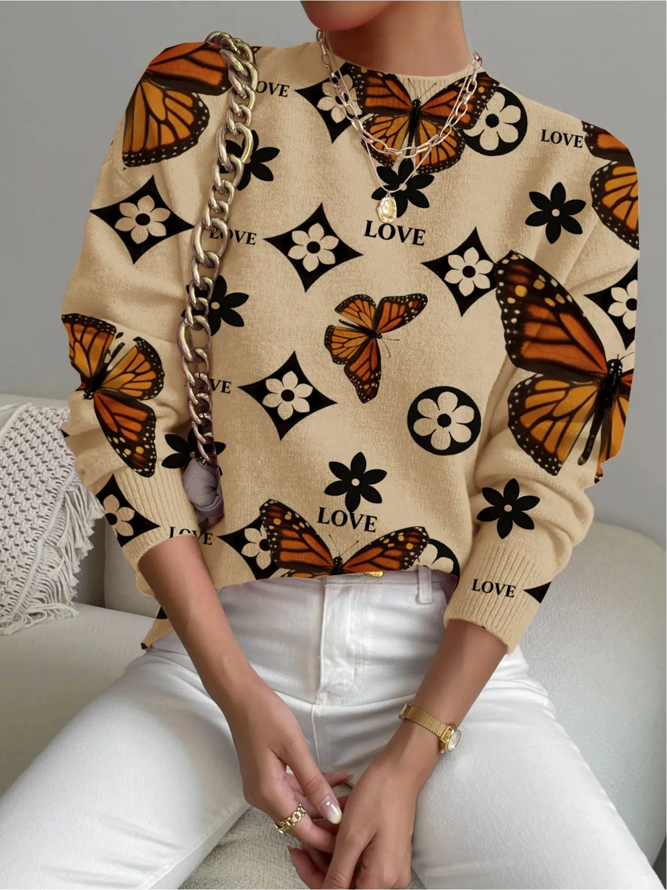Women's Butterfly Print Stand Collar Fitted Sweater, Casual Long Sleeve Knitwear for Fall Winter, Comfortable Warm Daily Wear Womenswear Tops