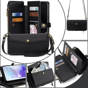 Multi-functional Wallet Phone Case for iPhone 17 Pro Max 16 15 14 13 12 Crossbody Leather Wrist Strap Flip Cover