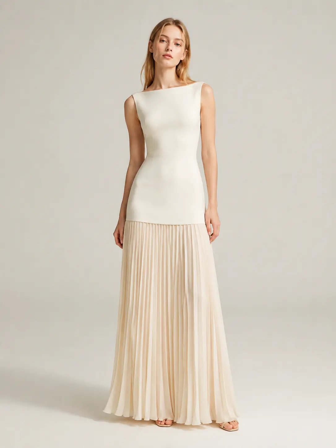 Women's Solid Polyester Sleeveless Maxi Dress - Elegant Slim-Fit Gown with Pleated Drop Waist, Boat Neck, Street Style & Evening Style for Casual/Formal Occasions, Machine Washable, Skirt