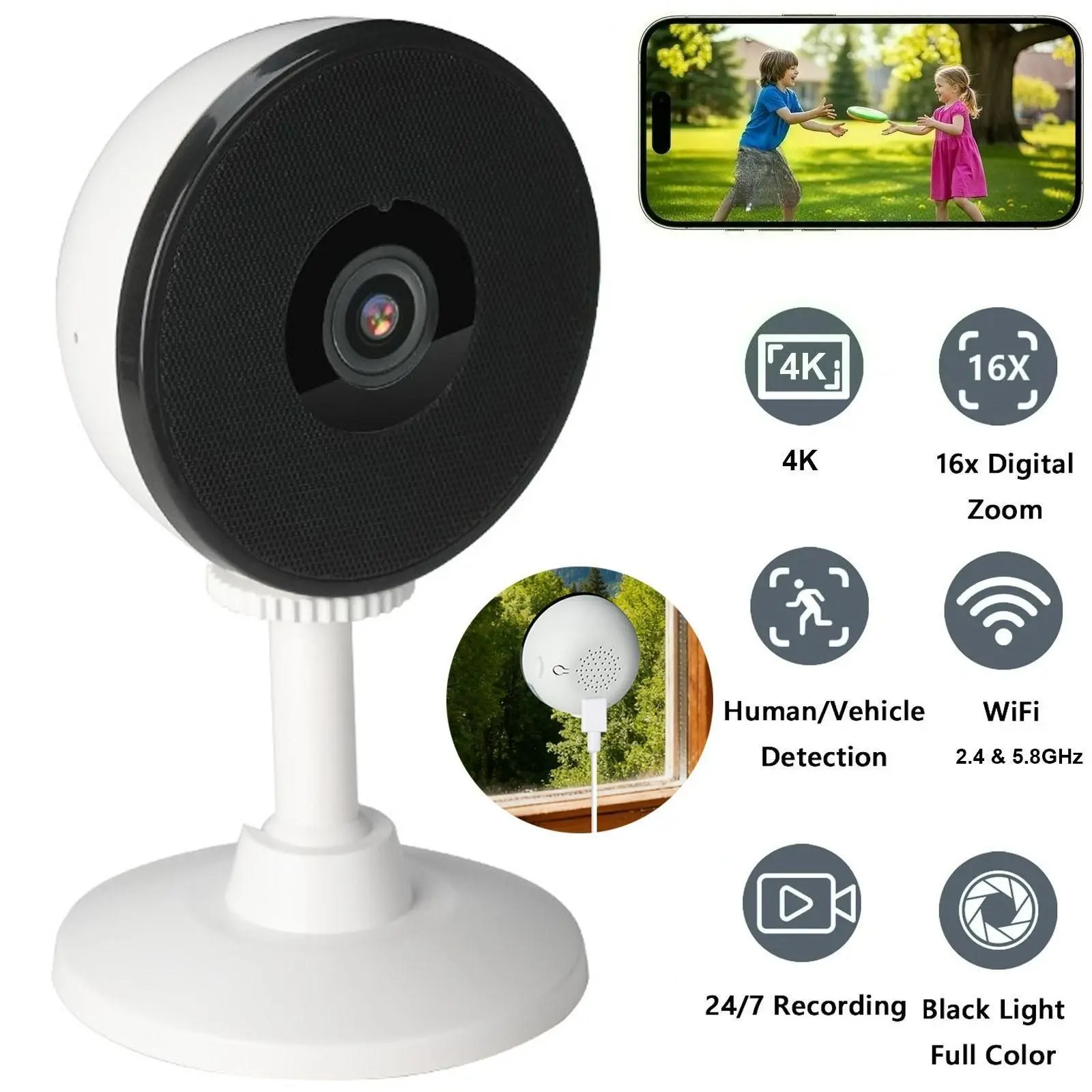 【ToolUpgrade】 4MP Window Security Camera for Home Monitoring, 2K QHD Crystal Micro Lens, Through-Glass WiFi, Full Color Night Vision, 2-Way Audio, Cloud Storage, Cable Protection (Pet Baby Monitor)