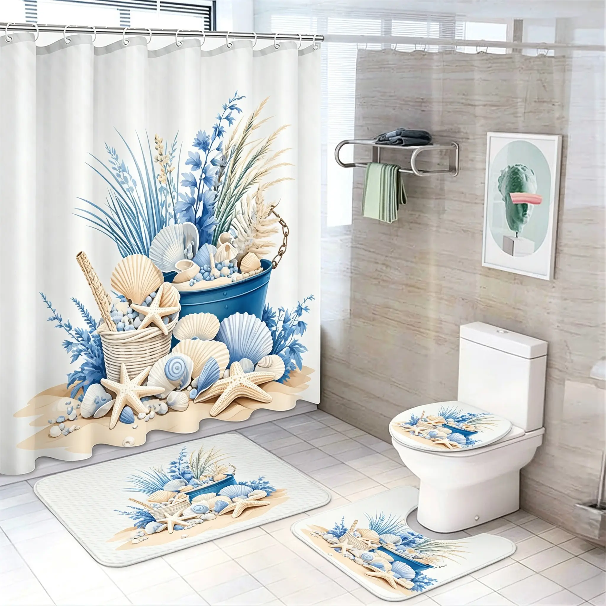 Coastal Blue Bathroom Rug Set with Shower Curtain, 4 Piece Flannel Bath Mat Set, Waterproof Ocean Beach Shower Curtain, Soft Absorbent Non Slip Bathroom Decor Set