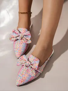 Women's Fashionable Plaid Pattern Bowknot Design Slides, Casual Comfortable Flat Shoes for Daily Wear, Lightweight Breathable Shoes for All Seasons, Girl
