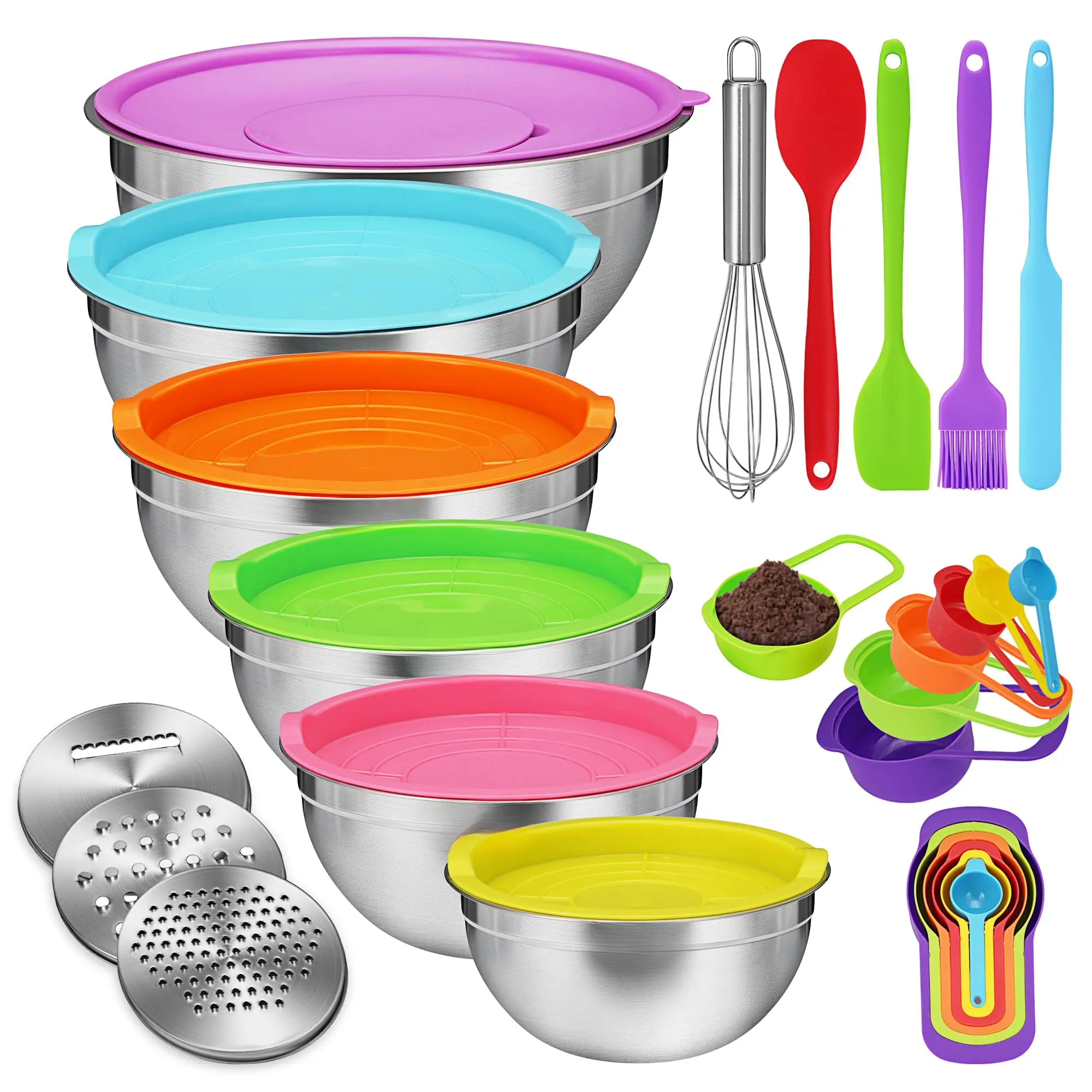 27 PCS Stainless Steel Mixing Bowls with Airtight Lids & Grater Attachments, Kitchen Utensils Set – Premium Nesting Bowls  Tableware Multicolor, Multicolor Set, Nested Bowls
