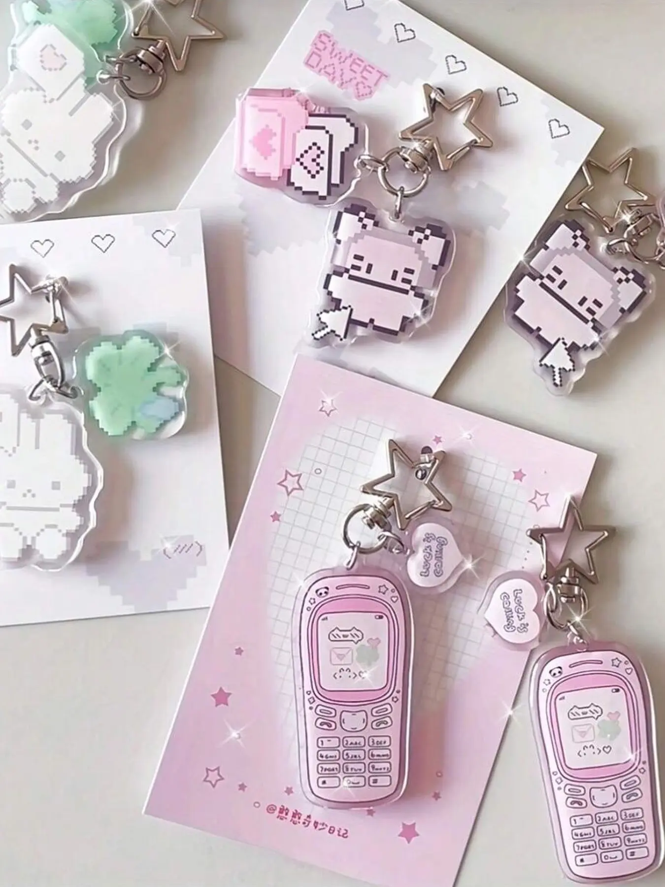 Pixel Art Acrylic Bag Charm Pendants, Star & Cute Character Bag Chain Charms, Kawaii Retro Bag Decoration Keychain, Girly Bag Pendant for Backpack Purse, Charms For Bags, Charms For Purses, Girly Purse Accessories