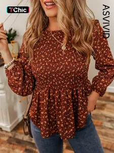 Women's Ditsy Floral Print Peplum Shirred Blouse, Shirts, Peplum Top, Going Out Tops, Casual Bishop Sleeve Round Neck Top for Daily Wear, Ladies Clothes for Fall