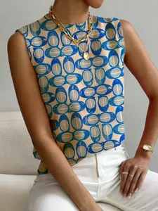 Women's Geometric Pattern Colorblock Sweater, Casual Fitted Sleeveless Short Knitted Top, Comfortable Warm Chic Clothing for Spring Summer Fall