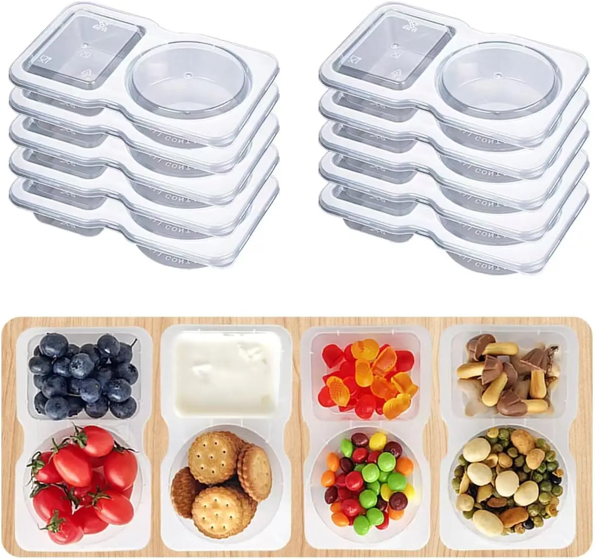 20 Leak Proof Disposable Double Compartment Condiment Containers with Lids, Stackable 2 Compartment Plastic Sauce Cups, Divided Snack Containers for Takeout Picnic Travel Lunch