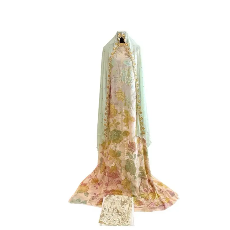 Luxury Mint Blossom Dirac Set – Premium Floral Embroidered Somali Dirac with Gold-Trimmed Shawl