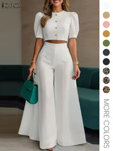 Two-Piece Set Women's Plain Woven Cropped Top & Elastic Waist Wide Leg Pants, Elegant Fashion Top & High Waist Trousers for Daily Wear, Womenswear for Summer