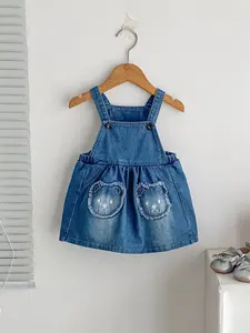 Baby Girl Crawling Vest Denim Jumpsuit with Bear Embroidery, Summer Suspender Dress with Ruffles, Cute Toddler Romper for 0-18 Months
