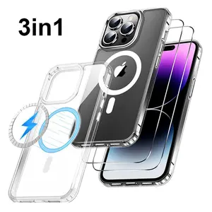 3-in-1 Shockproof Cellphone Protective Kit - Soft Rubber Magnetic Handheld Case + 2 Tempered Ceramic Screen Protectors for iPhone 17,16,15,14,13,12,11,X,8,7 (Plus,ProMax)