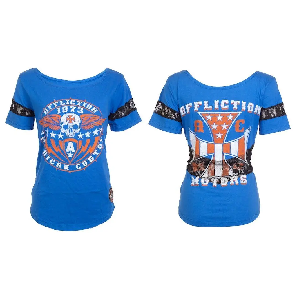 Affliction Iron Shield Women's Graphic T-Shirt - 100% Cotton Scoop Neck Shortsleeve Biker Style, Made in USA, Round Neck, Casual, Tshirt, Streetwear, Gothic, Printed Front, Pull On, Tops, All Seasons