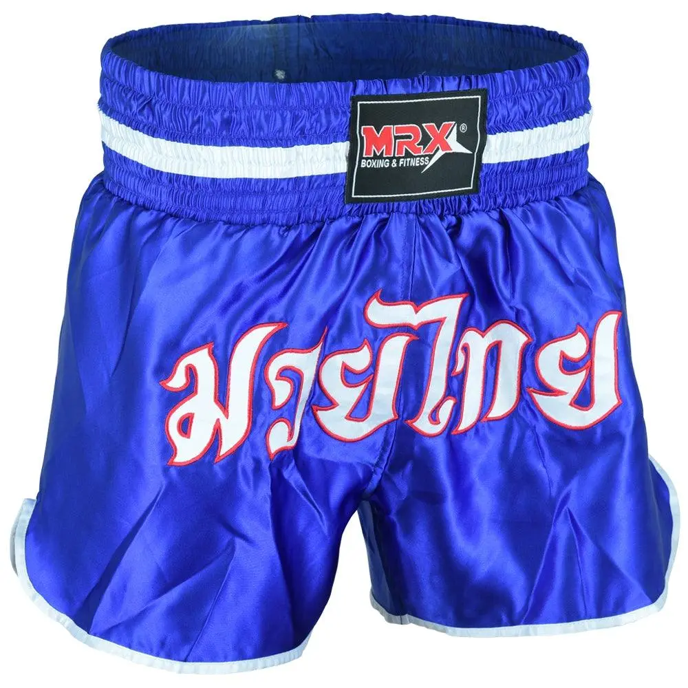 MRX Men's Boxing Fighting Shorts, Loose-Fitting Sporty Chic Traditional Graphic Designs & Colors, 100% Micro Fabric with Stretch Panels, Hook-and-Loop Closure, T3 Stitching Durability, Excellent Mobility, Blue-White Style-1305, Male, Microfabric, Excellen