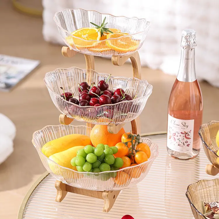 3 Layer Clear Vertical Striped Fruit Plate with Bamboo Stand, Stacked Snack Candy Serving Tray for Kitchen Party Countertop, with 3 Levels 21cm/25cm/29cm Sizes