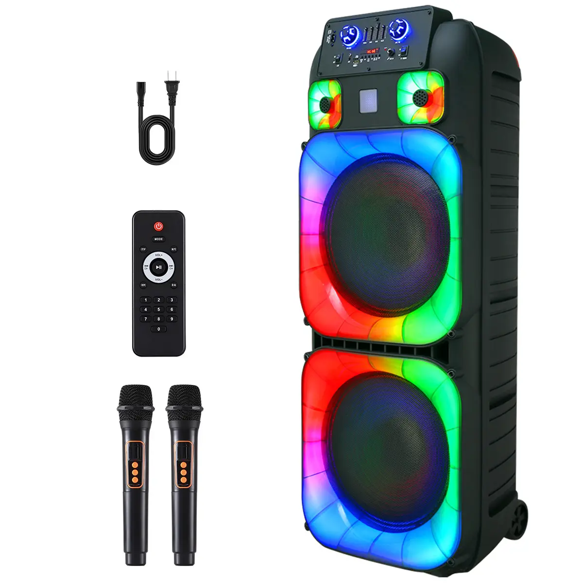 Dual 15" Bluetooth Speaker Sound System LED Party Light With Microphone Remote Contorl Portable Wireless Stereo