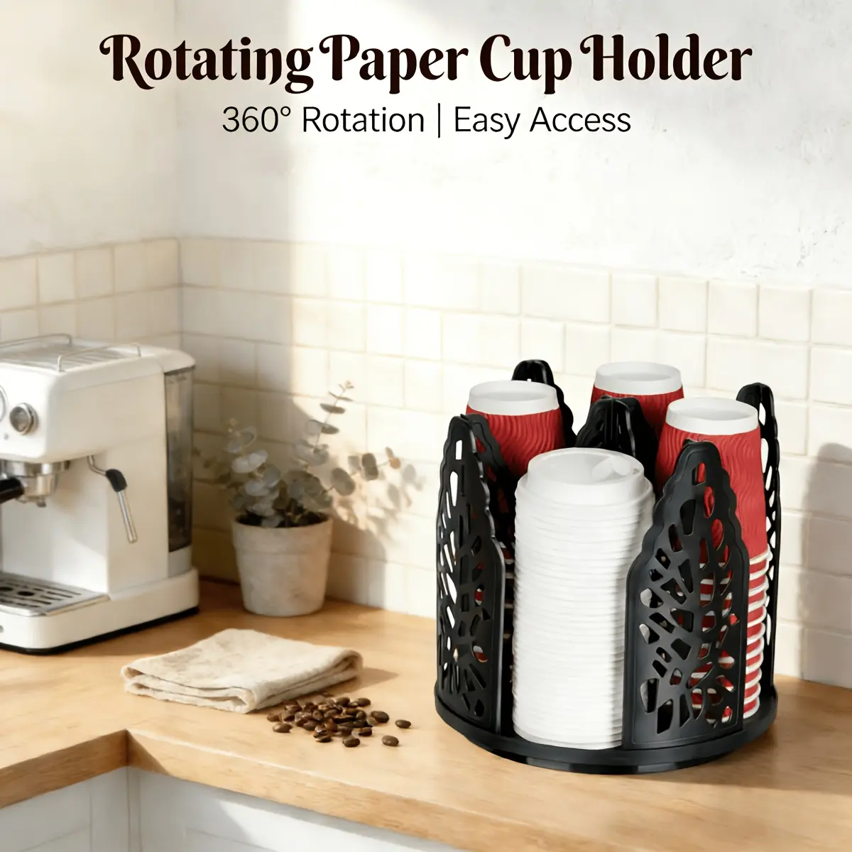 Rotating Paper Cup Holder with 4 Tiers | Disposable Coffee Cup Dispenser, Storage Box, Detachable Plastic Cup and Lid Organizer, Suitable for Countertops, Kitchens, Coffee Stations, and Bathrooms, Made of Plastic