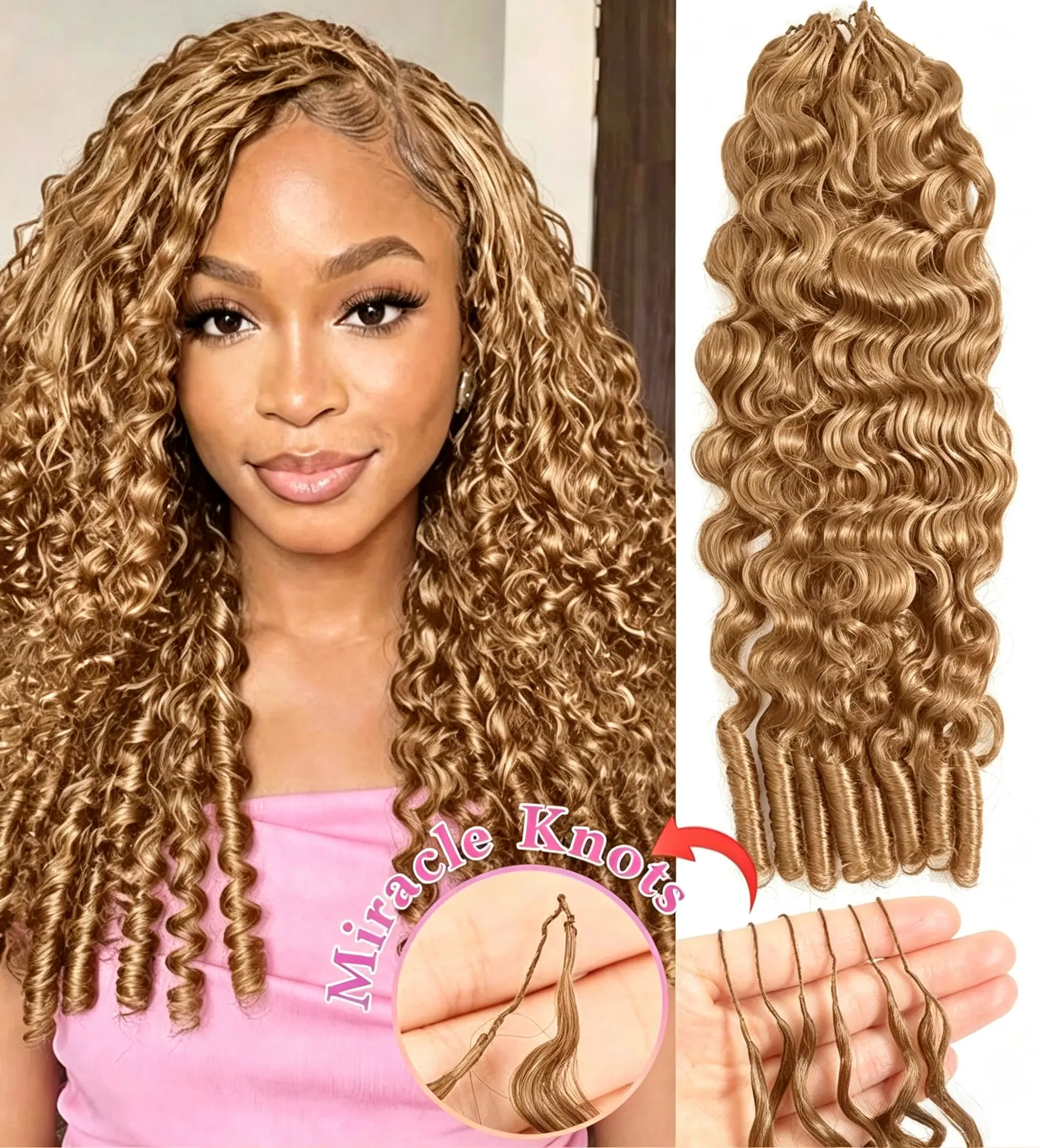 #27 Honey Blonde Boho Braids Miracle Knots Crochet Human Hair In 100% Remy Hair Feather Line Crochet Hair Braids Salon Silky Seamless Invisible Feather Crochet Braiding For Thin Hair Woman Micro Pre Looped Crochet Human Hair Burmese Curly Extensions
