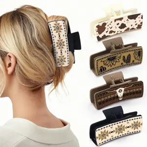 4Pcs Western Leather Hair Claw Clips 2026 Trend Sunflower Floral Cow Print Square Hair Claws Large Boho Cowgirl Hair Accessories Aesthetic Strong Hold Hairstyling Clips for Women Girls Daily Wear Travel Party Gift Set