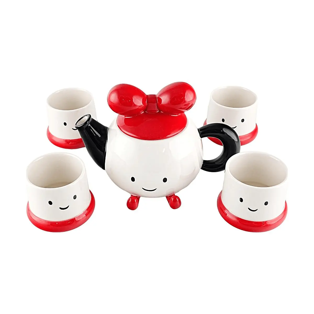 GLAZE STORY Cute Foot Shape Teapot Set with 4 Butterfly Bow Mugs - Ceramic Coffee Cup Water Mug Set