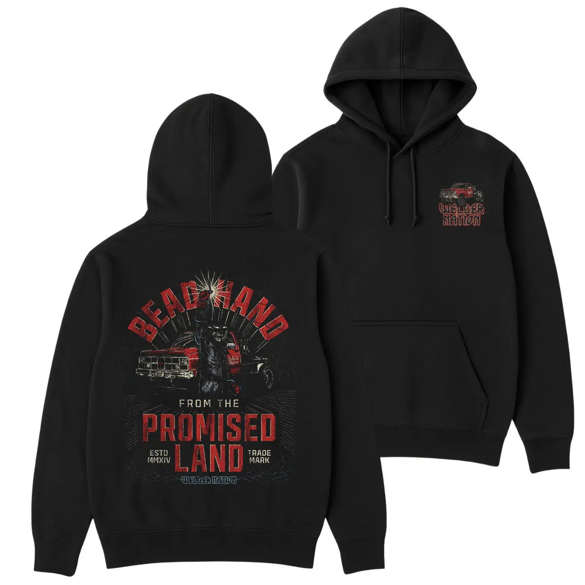 Welder Nation Bead Hand Hoodie, Promised Land Welding Graphic Hoodie for Men, Heavy Duty Workwear, Christmas Gift Idea