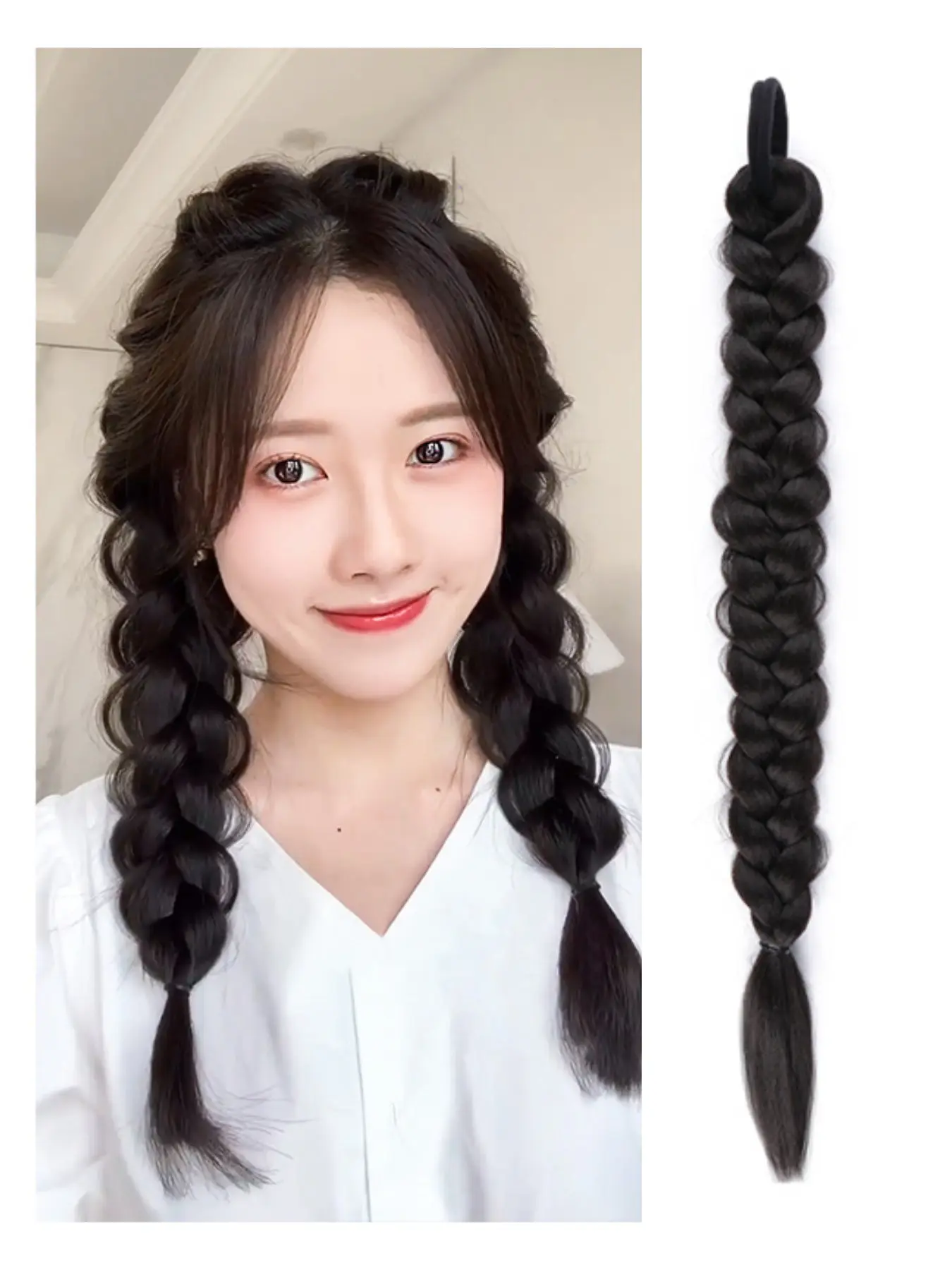 Women's Braided Ponytail Braid Double Ponytail Natural Fishbone Twist Long Hair Synthetic Braiding Hair Wig, Stylish and Durable Synthetic Fiber