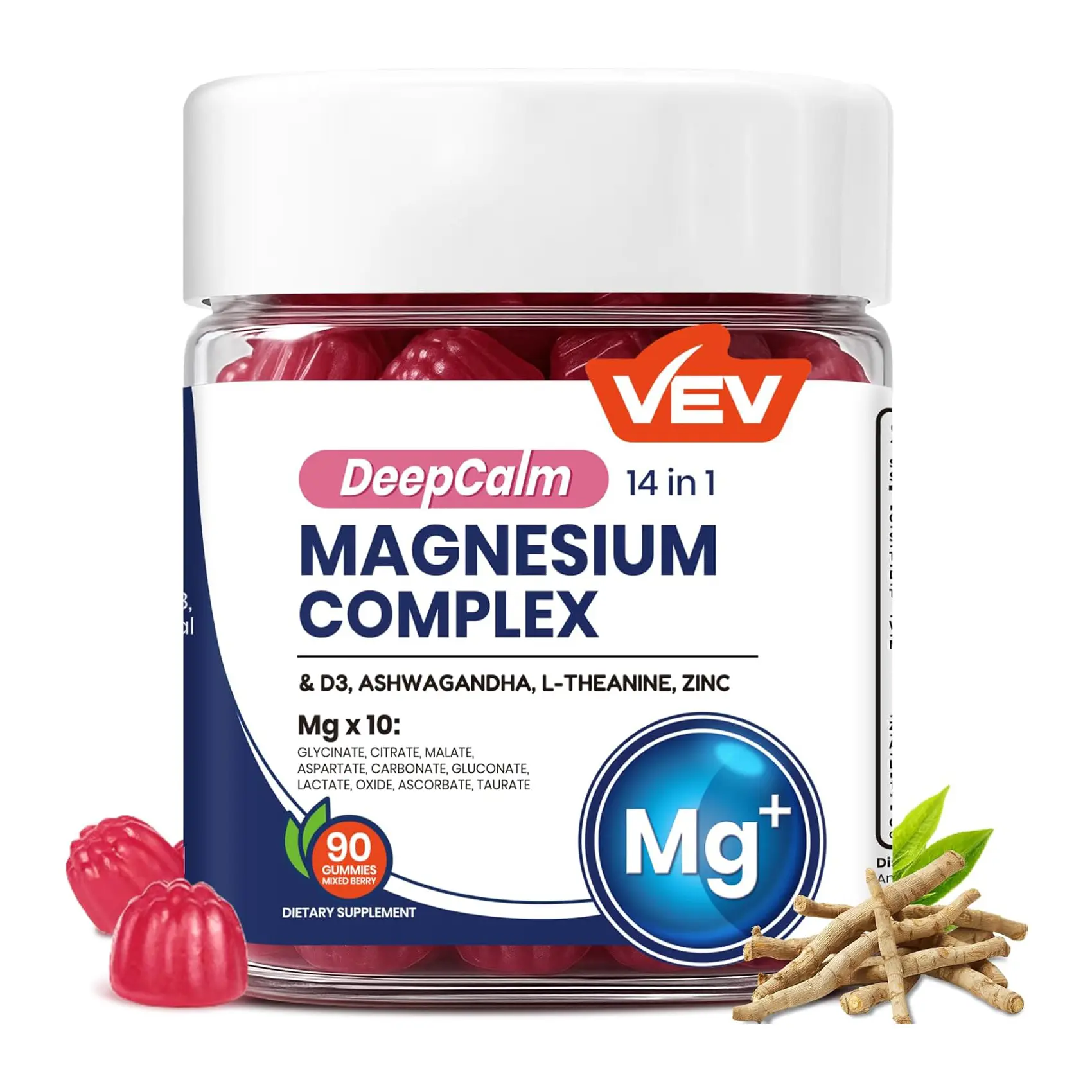VEV Deep Calm Magnesium Complex 14-in-1 Gummies with Ashwagandha, L-Theanine, Vitamin D3 & Zinc for Women and Men, Vegan Magnesium Glycinate Gummies, 180 Gummies Total, Pack of 2