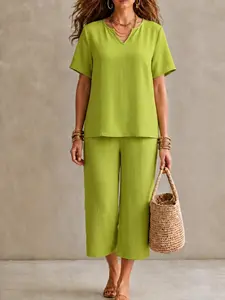 Women's V-Neck Short Sleeve Shirt Set, Wide Leg Pants with Elastic Waist, Solid Color Casual Comfortable, Perfect for Daily Wear, Everyday