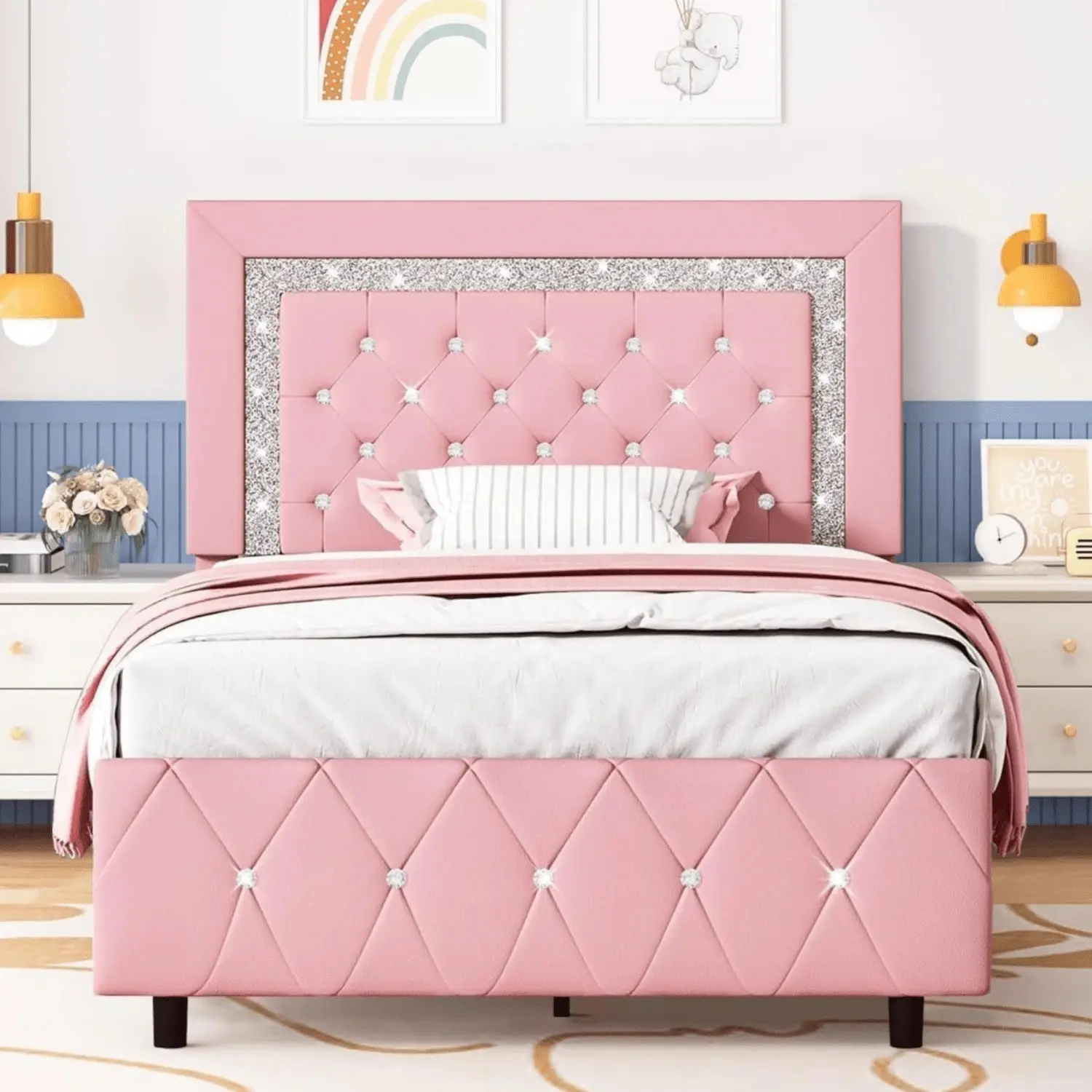 Upholstered Bed Frame, Modern Platform Bed Frame With Diamond Headboard And Footboard, No Boxing Spring Needed, Easy Assembly, Black/ Grey/ Pink/ Purple/ White/ Beige / Green, Twin/ Full/ Queen/ King, Bed Frames, Queen Bed Frame