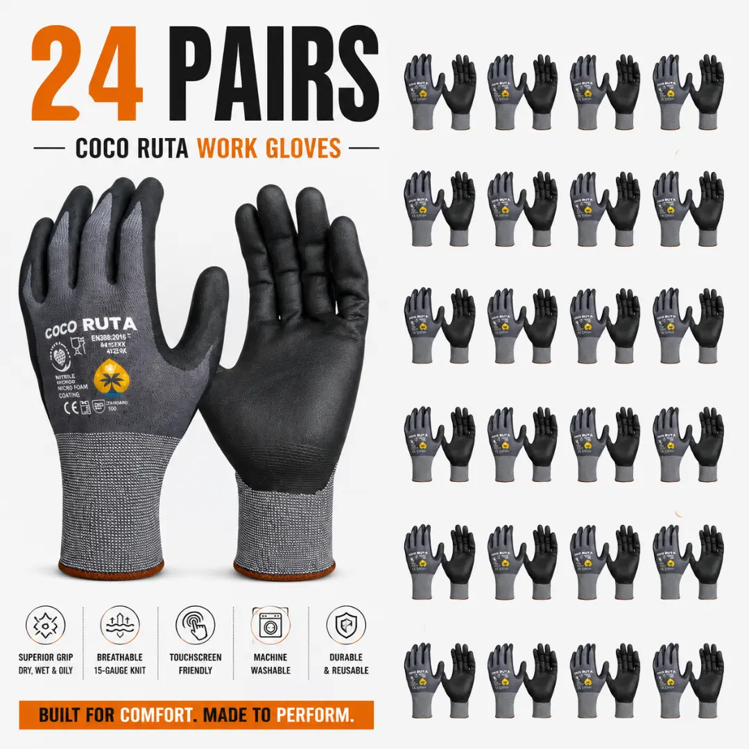 24 Pairs COCO RUTA Gloves 34- 874 Safety Gloves | Guantes Para Trabajo - Coco Ruta Gloves For Men Nitrile Micro Foam Grip Palm Comfortable Fit Construction Gear