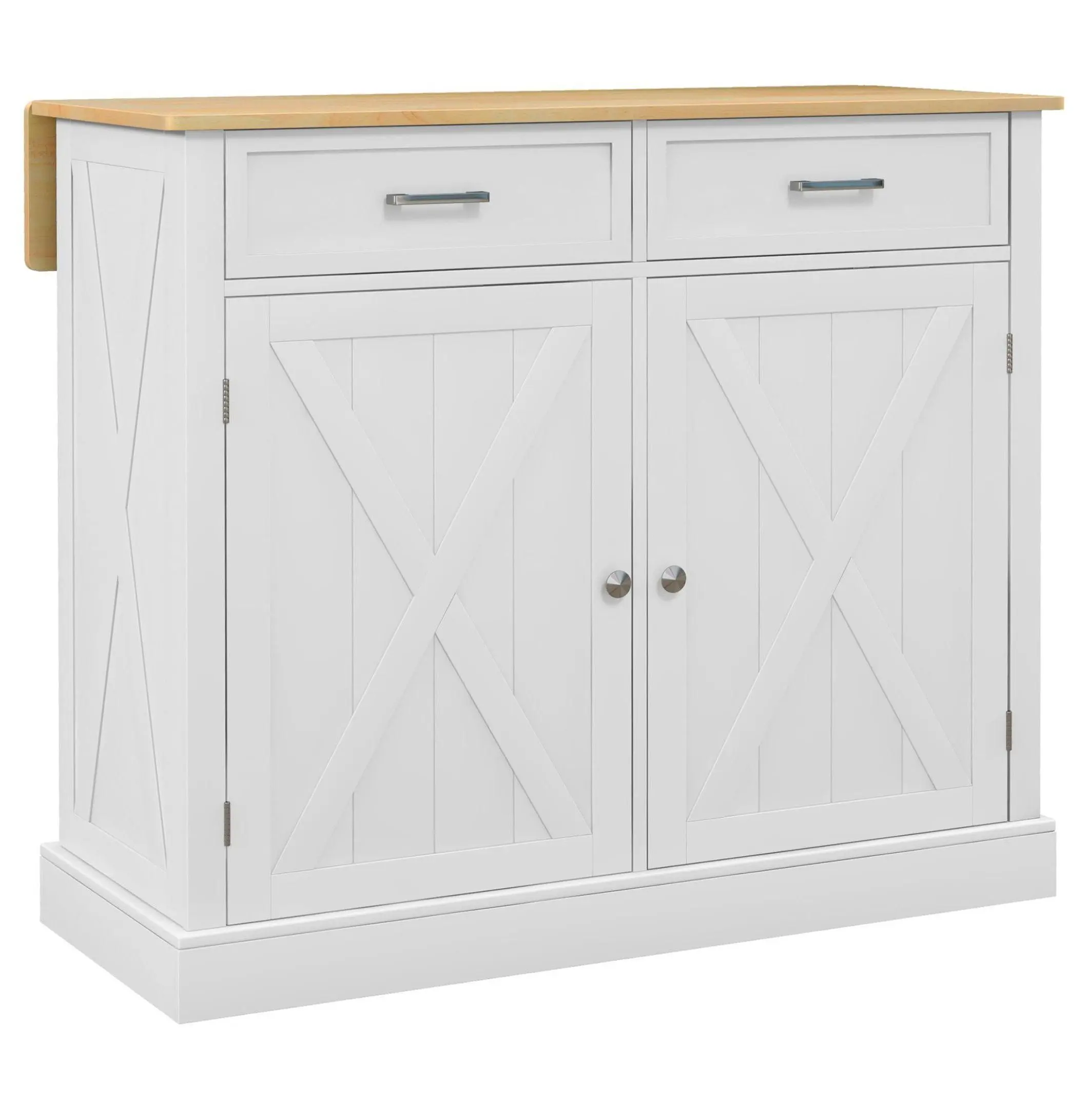 Farmhouse Style White Wood Kitchen Island Cart with Drop Leaf, 2 Drawers, Adjustable Shelves (Indoor Furniture Room Divider)