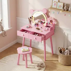 Kids Bear-Shaped Vanity Set Furniture with Flower Stool – 3-Color LED Touch-Control Mirror, Safe FSC Wood, Storage Drawers for Girls’ Pretend Play