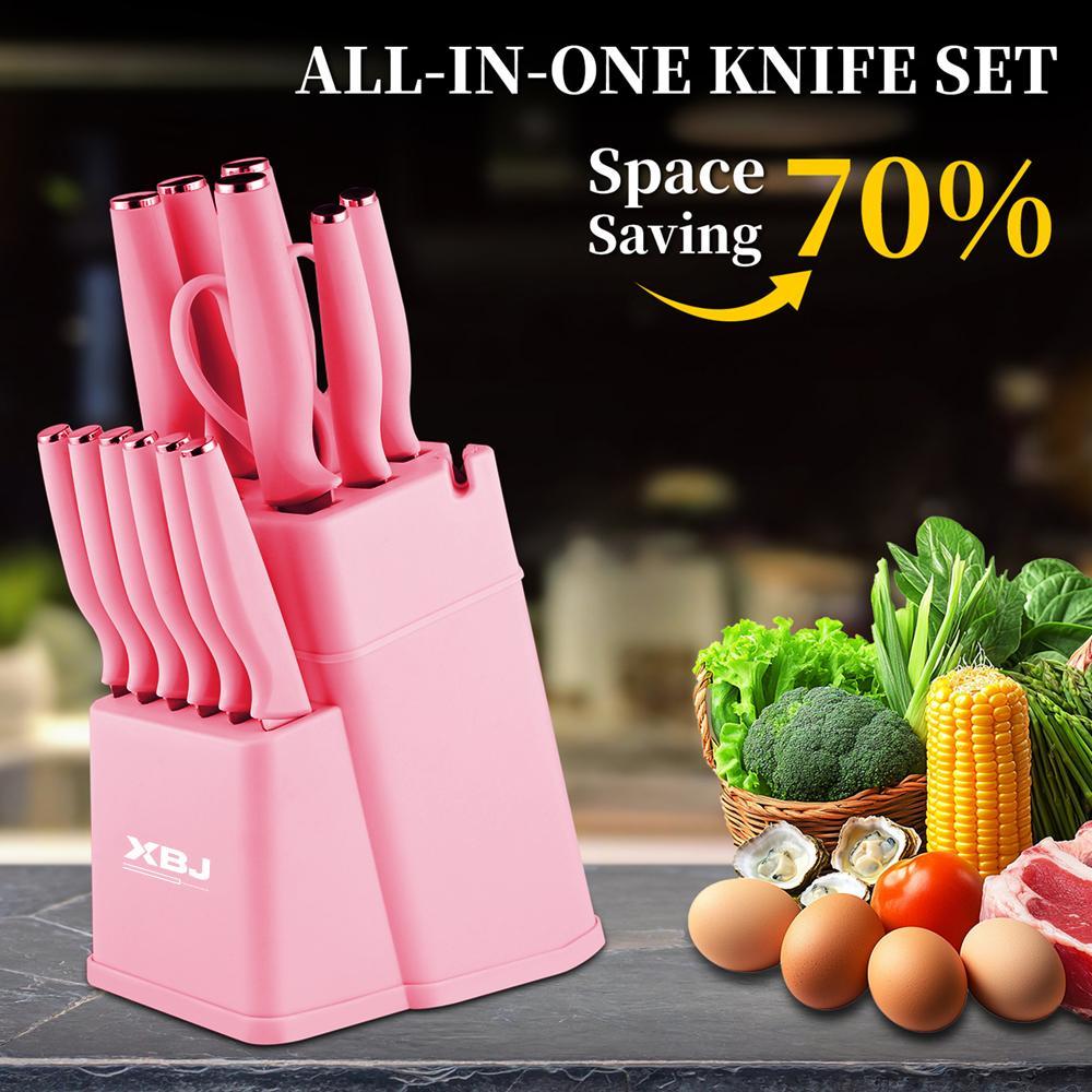 15-Piece Kitchen Knife Set: Solid Wood & Plastic Knife Block, Including Chef's Knife, Japanese-Style Knife, Meat/Vegetable Knife, Chicken Bone Knife, German-Style Steak Knife. Multi-Color Stainless Steel, Ideal for Home Storage & Gifting. Silicone Cutting
