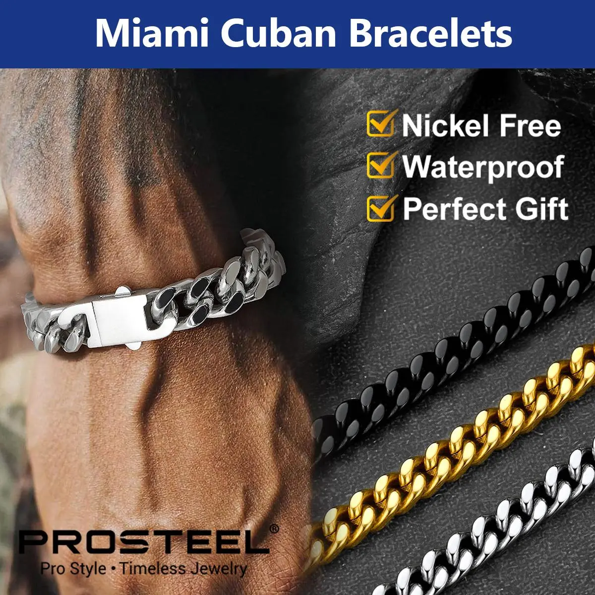 PROSTEEL Miami Cuban Chain Bracelets with Upgrade Buckle Clasp Durable Golden Black Metal Filled Solid Stainless Steel Hand Chain Jewelry for Men Women with Gift Box Summervibe