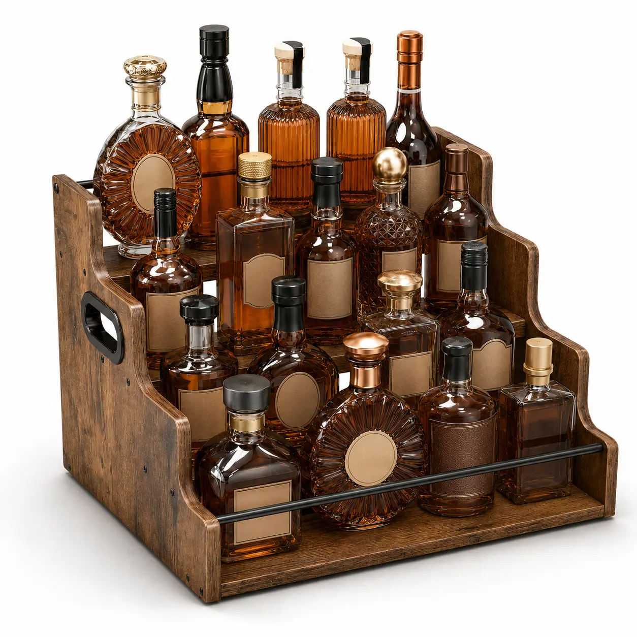 Rustic Multi-Tier Wooden Liquor Rack Furniture - Freestanding Bottle Storage Organizer with Handle, Home Bar Unit for Whiskey & Pantry Utensils
