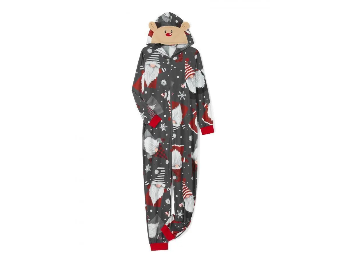 Adult Onesie Pajamas - Polyester Hooded Zippered Christmas Jumpsuit with Cartoon Reindeer & Snowflake Print, Comfortable Holiday Sleepwear for Men and Women (18+)
