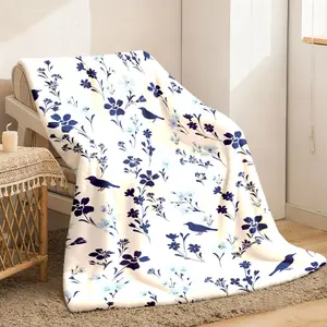 2026 New Arrivals DoubleSided Blue Birds & Flowers Flannel Blanket Cozy Throw with Digital Print, White Contemporary Design for AllSeason Comfort, Perfect for Sofa, Bed, or Gift, Allseason Blanket, Arti