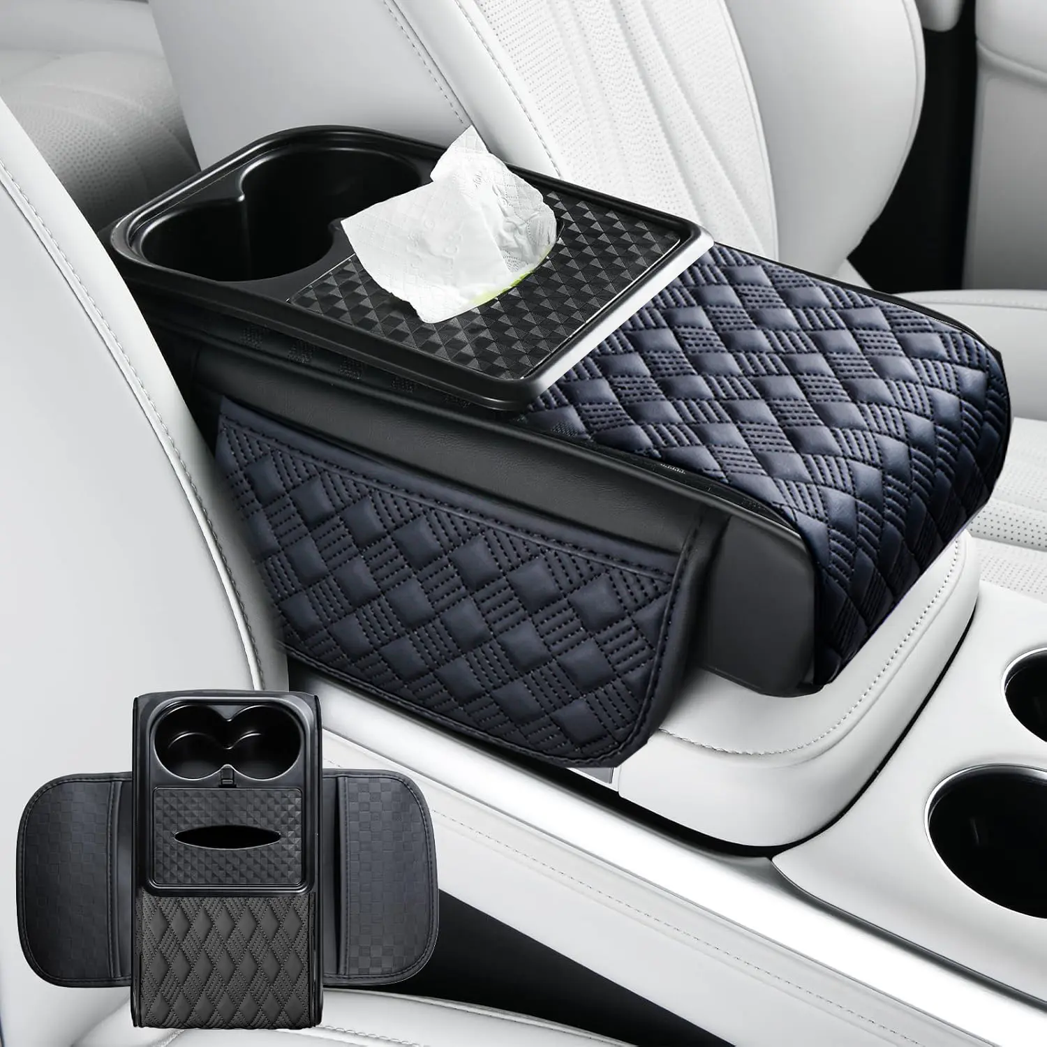 [SummerWins] 5 in 1 Multifunctional Armrest Box Mat with Cup Holder & Tissue Box, 14.5*6*3 inch Heightening Central Elbow Mat,Diamond Car Console Organizer Universal for Nissan/Honda/Civic/CRV/Hrv/Kia/Sorento/Toyota/Corolla/4Runner/Camry/Tacoma