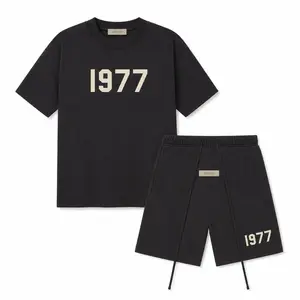 (Tee and Shorts)Fear of God Essentials Style 1977 T-Shirt & Shorts Set Oversized Fit Streetwear Casual Matching Two-Piece Set Stretch Jet Black Summer Outfit Men’s Crewneck Short Sleeve Lounge Set