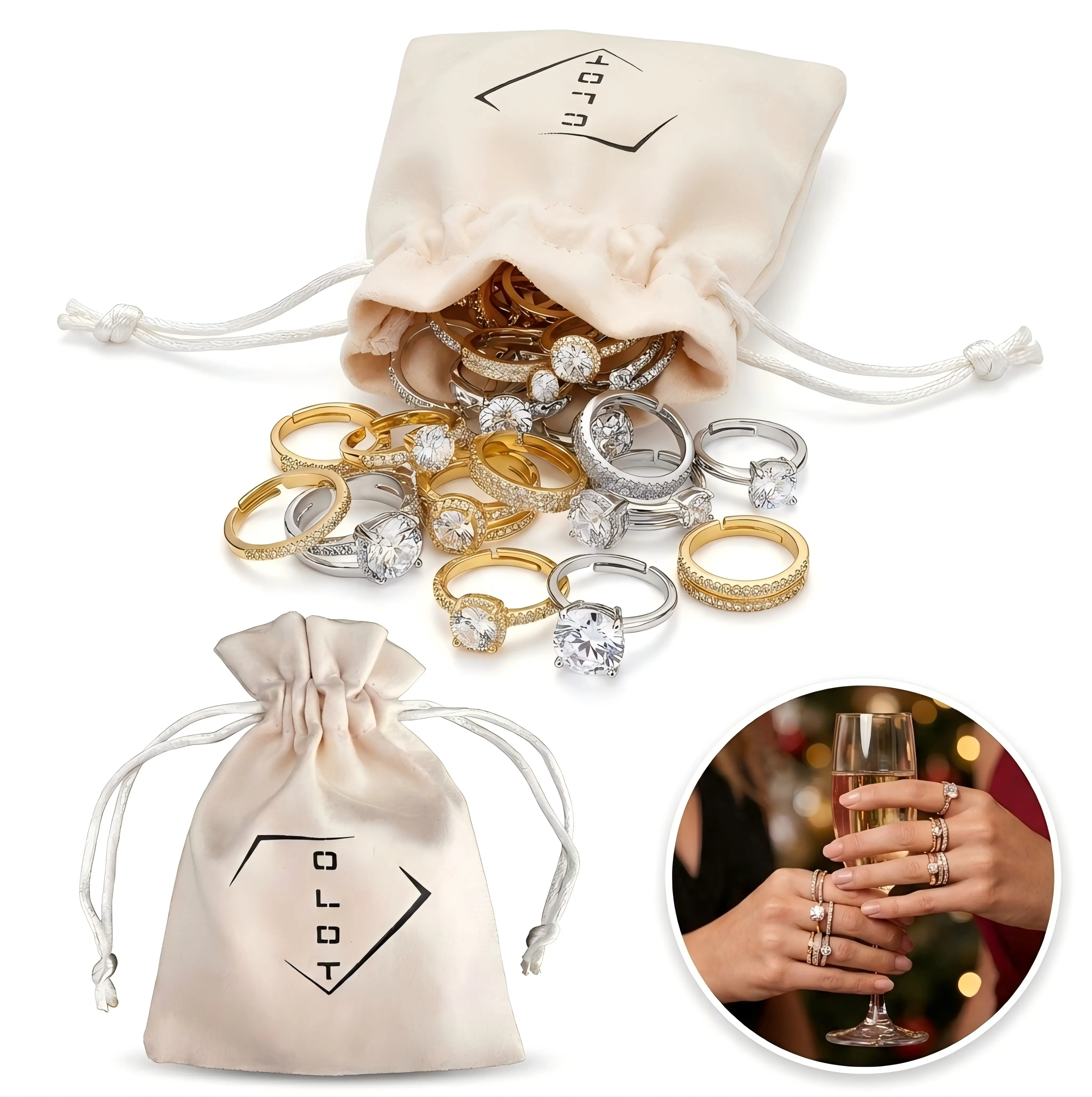 OLDT 7 PCS Assorted Ring Set - Adjustable CZ Party Bling | Fun Costume & Fashion Jewelry Variety Bundle for Women
