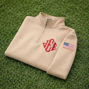 Unisex Polyester Quarter-Zip Fleece Hoodie - Long-Sleeve Embroidered Monogram Pullover, Customizable, Menswear Casual Top, Meme Gift Shirt